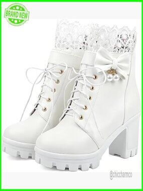 Gothic Platform Ankle Boots Lace-Up Combat Bow Pearl Chunky Heel